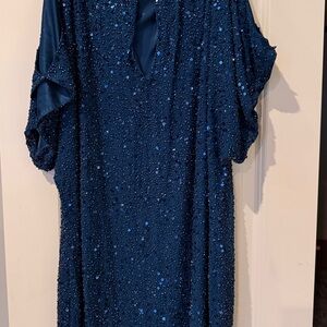 Aidan Mattox Midnight Blue Cold Shoulder Sequin Dress